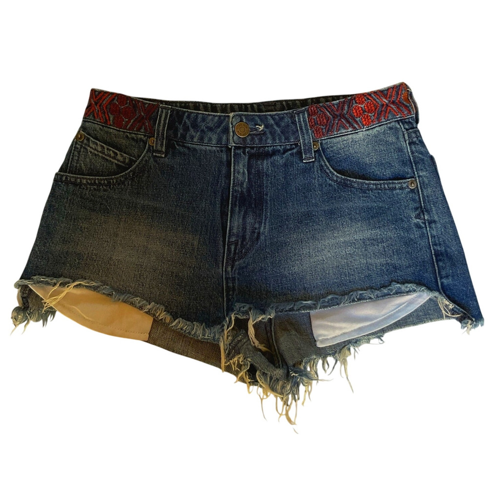 Volcom Stone Row High Rise Denim Shorts 27 Blue Embroidered Waist Cutoff